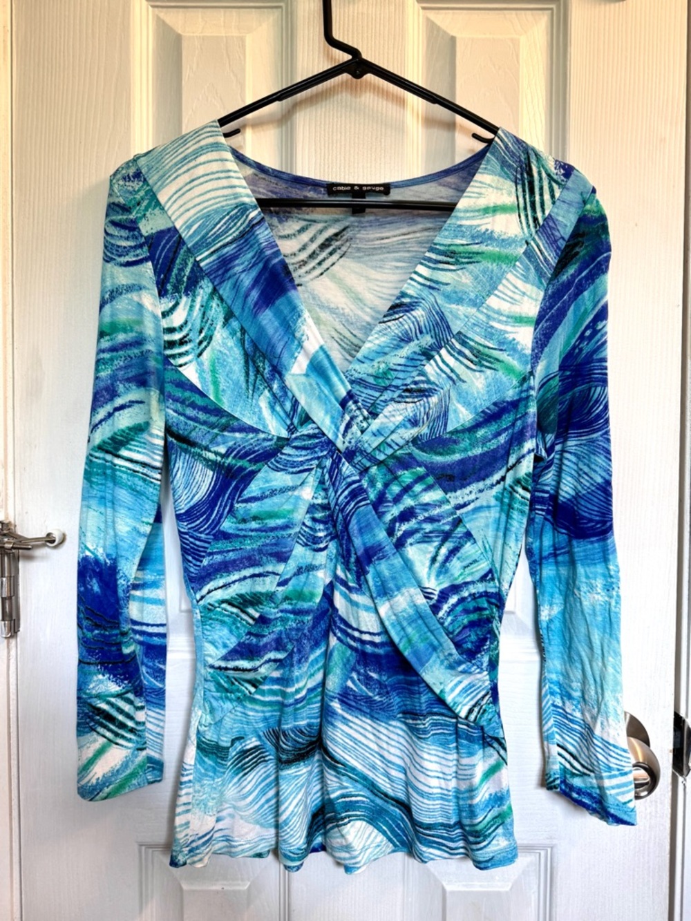 Cable & Gauge Blue, Teal and White Wave Printed Twist Top